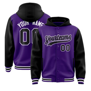 Custom Purple Black Raglan Sleeves Varsity Full-Snap Letterman Two Tone Hoodie Jacket