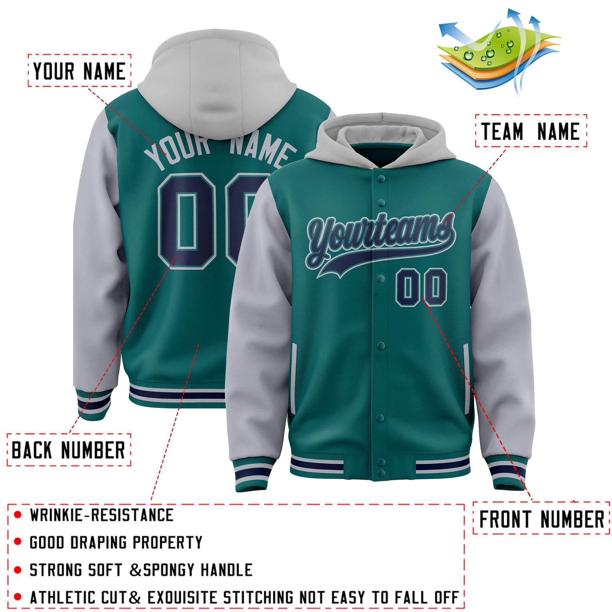 Custom Aqua Gray Raglan Sleeves Varsity Full-Snap Letterman Two Tone Hoodie Jacket