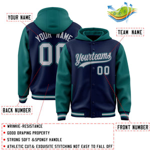 Custom Navy Aqua Raglan Sleeves Varsity Full-Snap Letterman Two Tone Hoodie Jacket