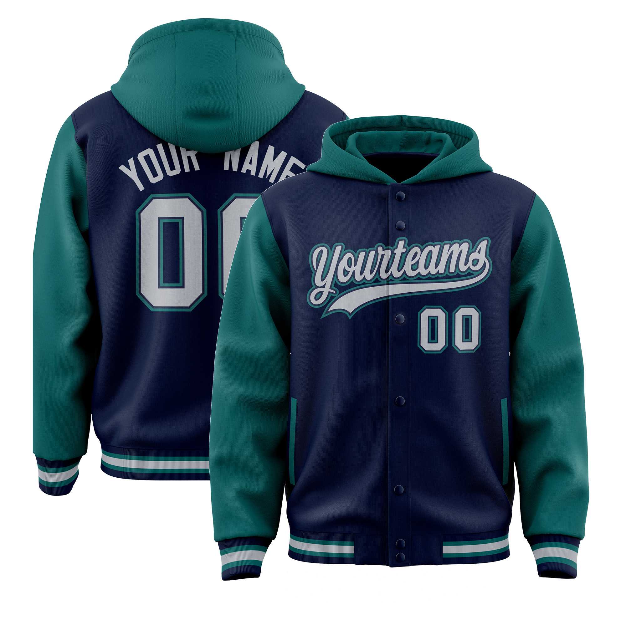 Custom Navy Aqua Raglan Sleeves Varsity Full-Snap Letterman Two Tone Hoodie Jacket