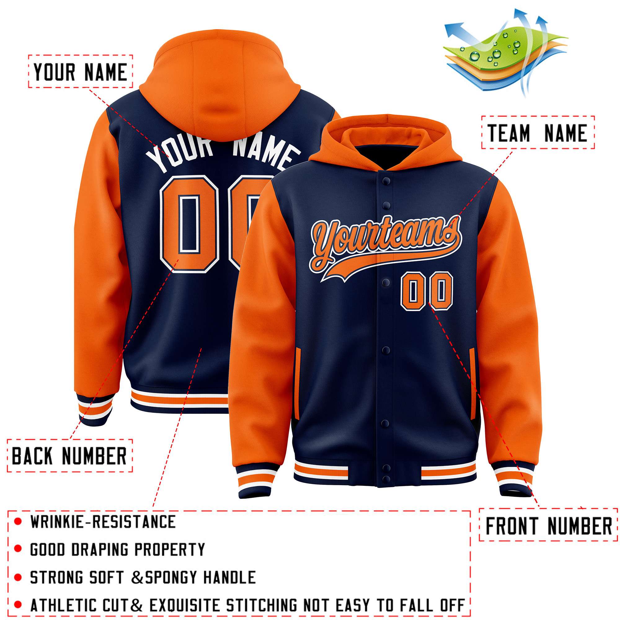 Custom Navy Orange Raglan Sleeves Varsity Full-Snap Letterman Two Tone Hoodie Jacket