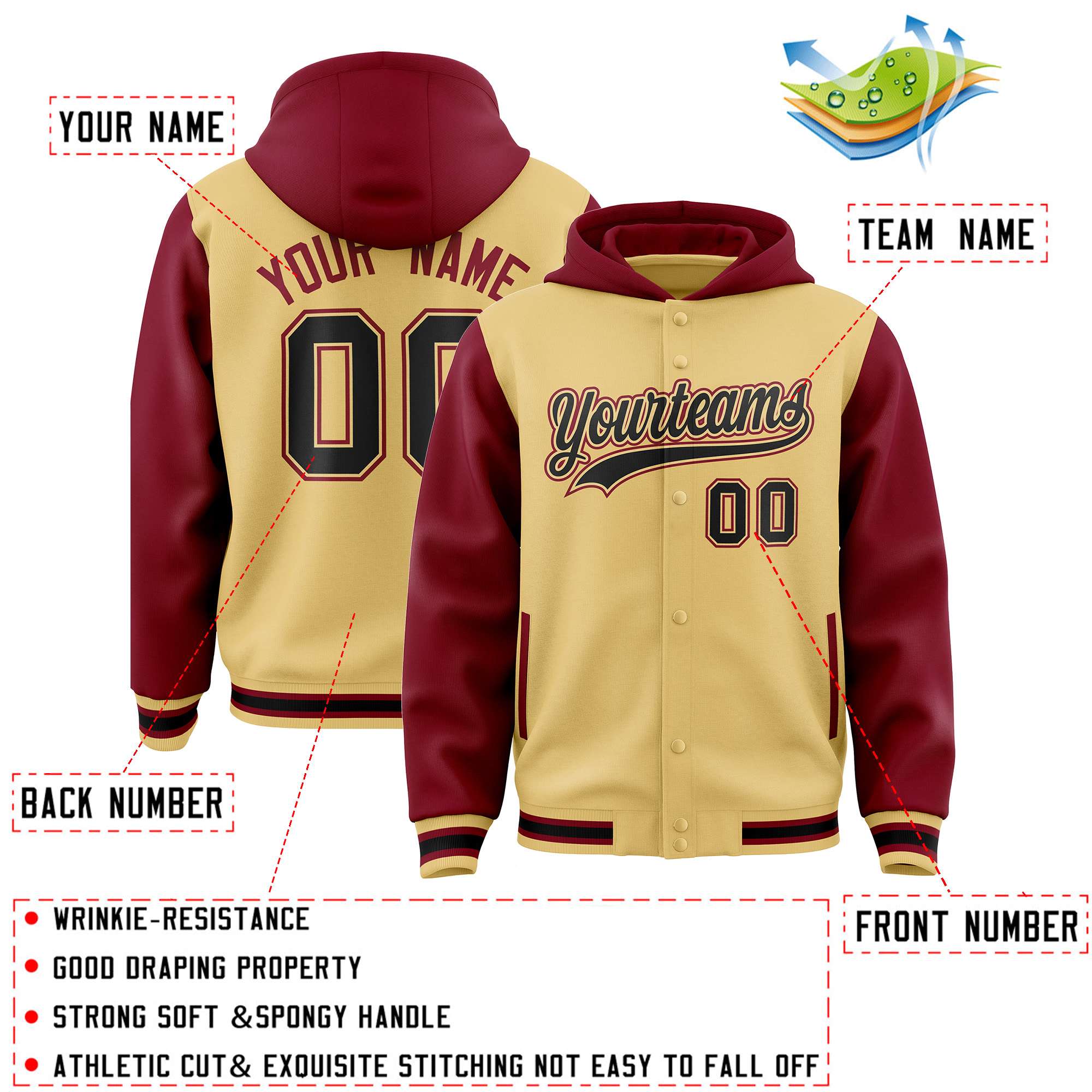 Custom Khaki Crimson Raglan Sleeves Varsity Full-Snap Letterman Two Tone Hoodie Jacket