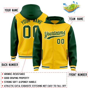 Custom Gold Green Raglan Sleeves Varsity Full-Snap Letterman Two Tone Hoodie Jacket