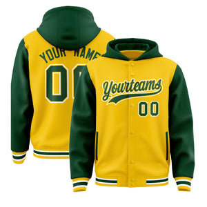 Custom Gold Green Raglan Sleeves Varsity Full-Snap Letterman Two Tone Hoodie Jacket