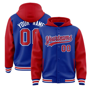 Custom Royal Red Raglan Sleeves Varsity Full-Snap Letterman Two Tone Hoodie Jacket