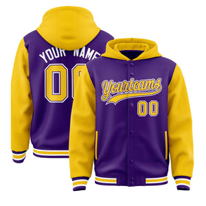 Custom Purple Gold Raglan Sleeves Varsity Full-Snap Letterman Two Tone Hoodie Jacket