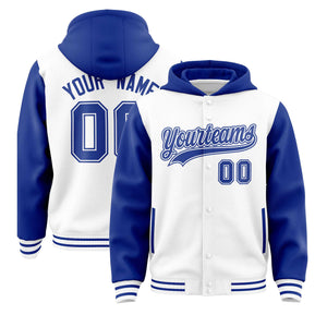 Custom White Royal Raglan Sleeves Varsity Full-Snap Letterman Two Tone Hoodie Jacket