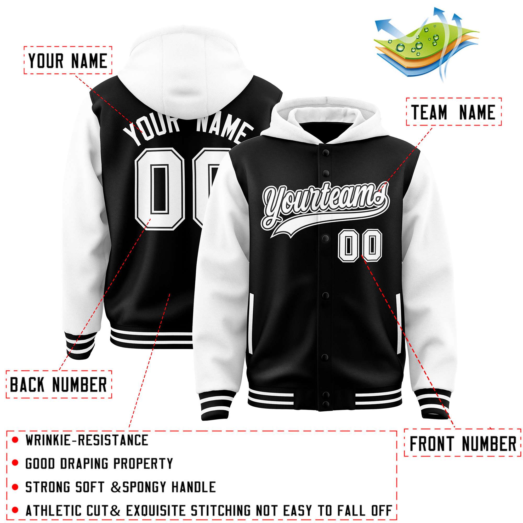 Custom Black White Raglan Sleeves Varsity Full-Snap Letterman Two Tone Hoodie Jacket