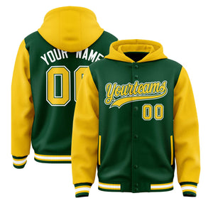 Custom Green Gold Raglan Sleeves Varsity Full-Snap Letterman Two Tone Hoodie Jacket