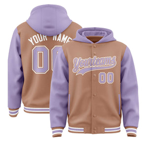 Custom Teabrown Light Purple Raglan Sleeves Varsity Full-Snap Letterman Two Tone Hoodie Jacket