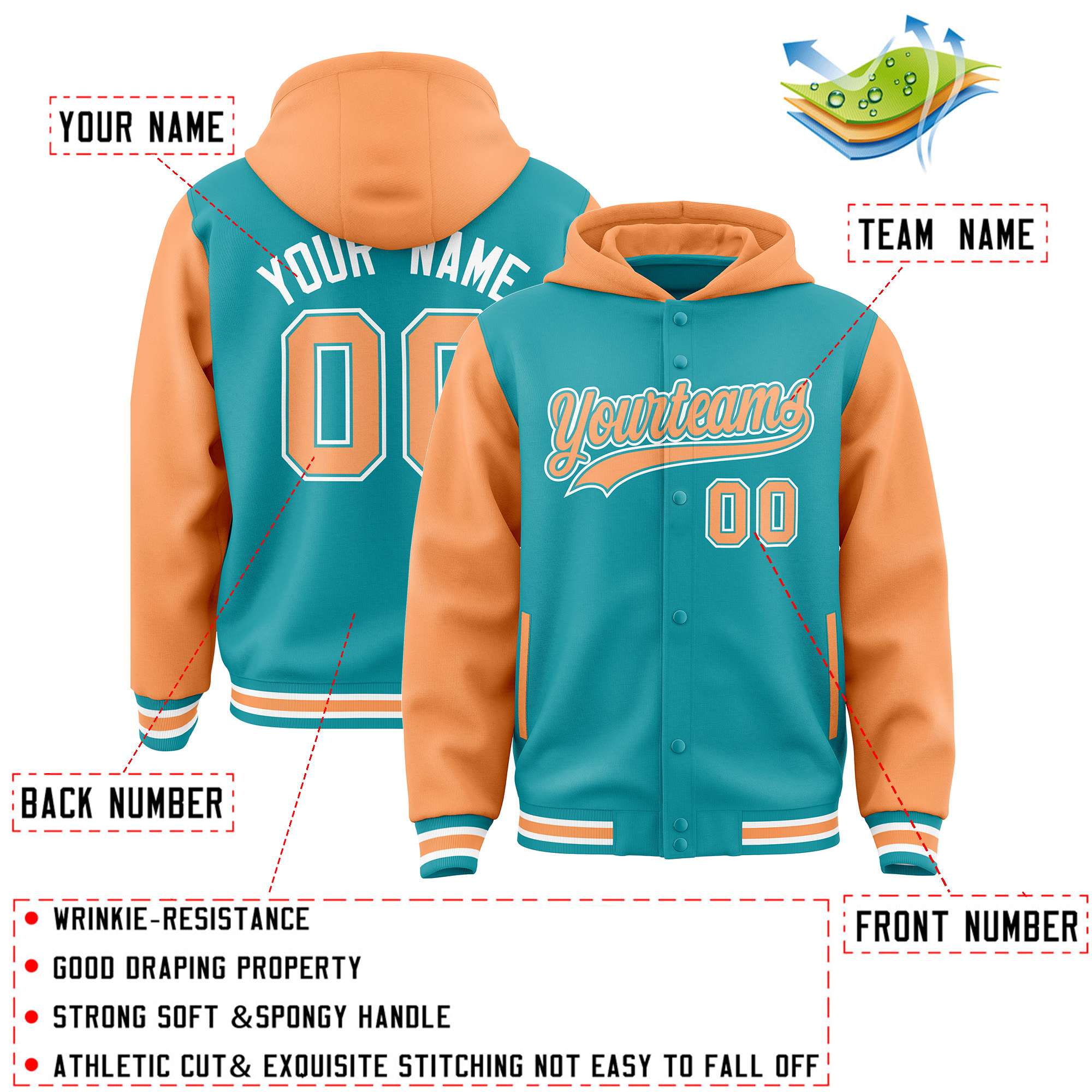 Custom Aqua Orange Raglan Sleeves Varsity Full-Snap Letterman Two Tone Hoodie Jacket