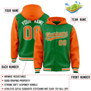 Custom Kelly Green Orange Raglan Sleeves Varsity Full-Snap Letterman Two Tone Hoodie Jacket