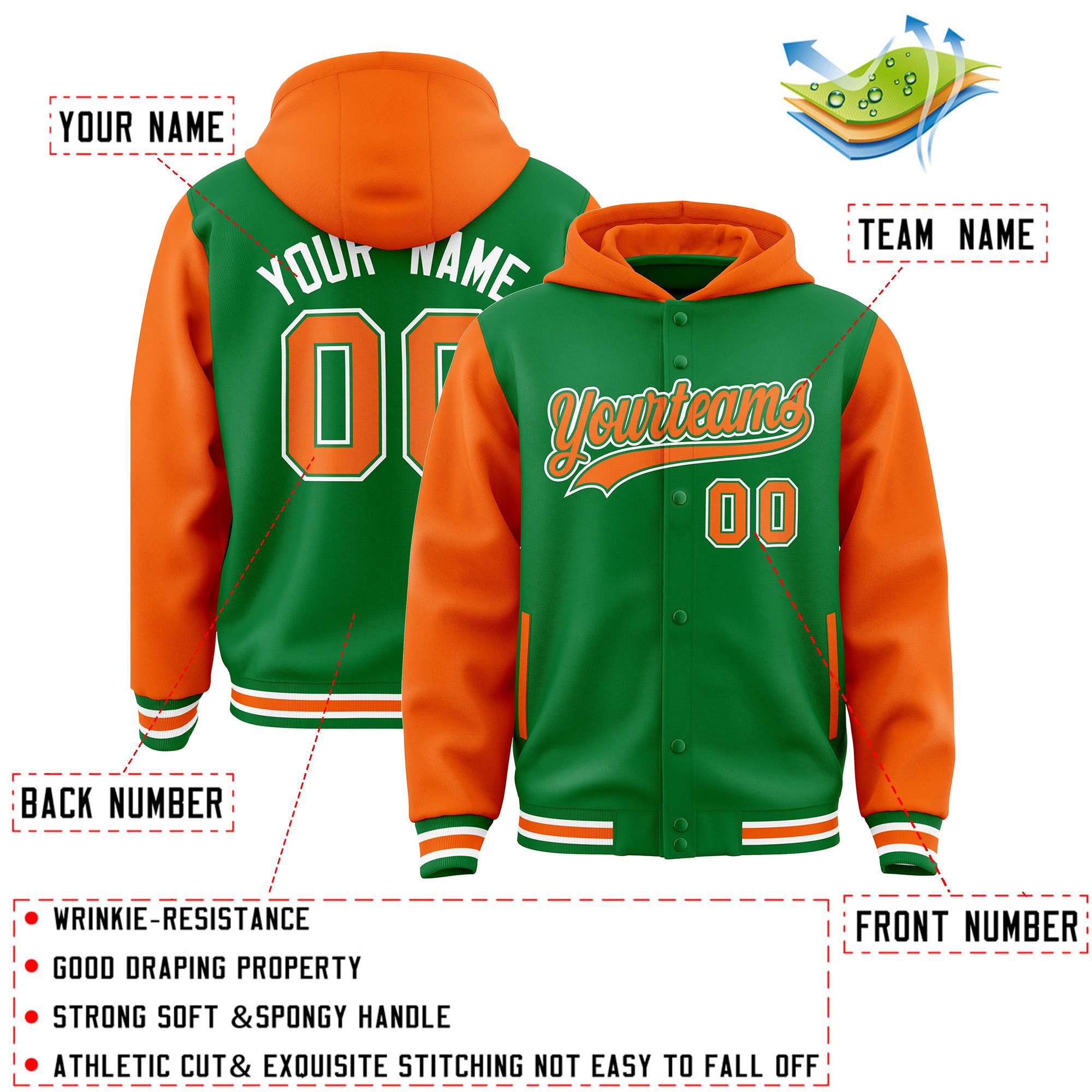 Custom Kelly Green Orange Raglan Sleeves Varsity Full-Snap Letterman Two Tone Hoodie Jacket