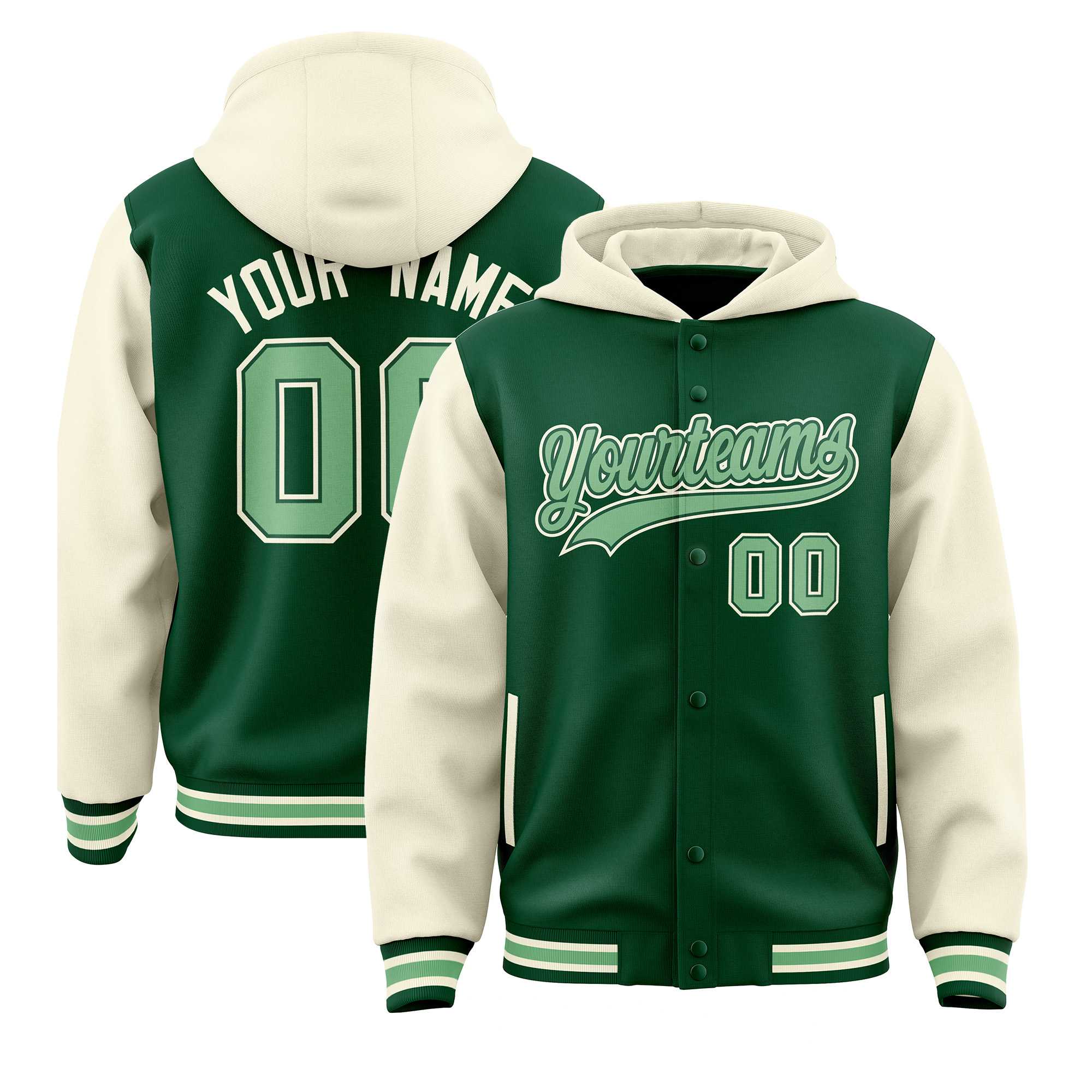 Custom Green Cream Raglan Sleeves Varsity Full-Snap Letterman Two Tone Hoodie Jacket