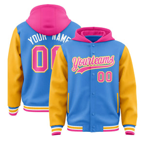 Custom Powder Blue Gold-Pink Raglan Sleeves Varsity Full-Snap Letterman Two Tone Hoodie Jacket