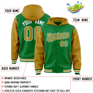 Custom Kelly Green Old Gold Raglan Sleeves Varsity Full-Snap Letterman Two Tone Hoodie Jacket