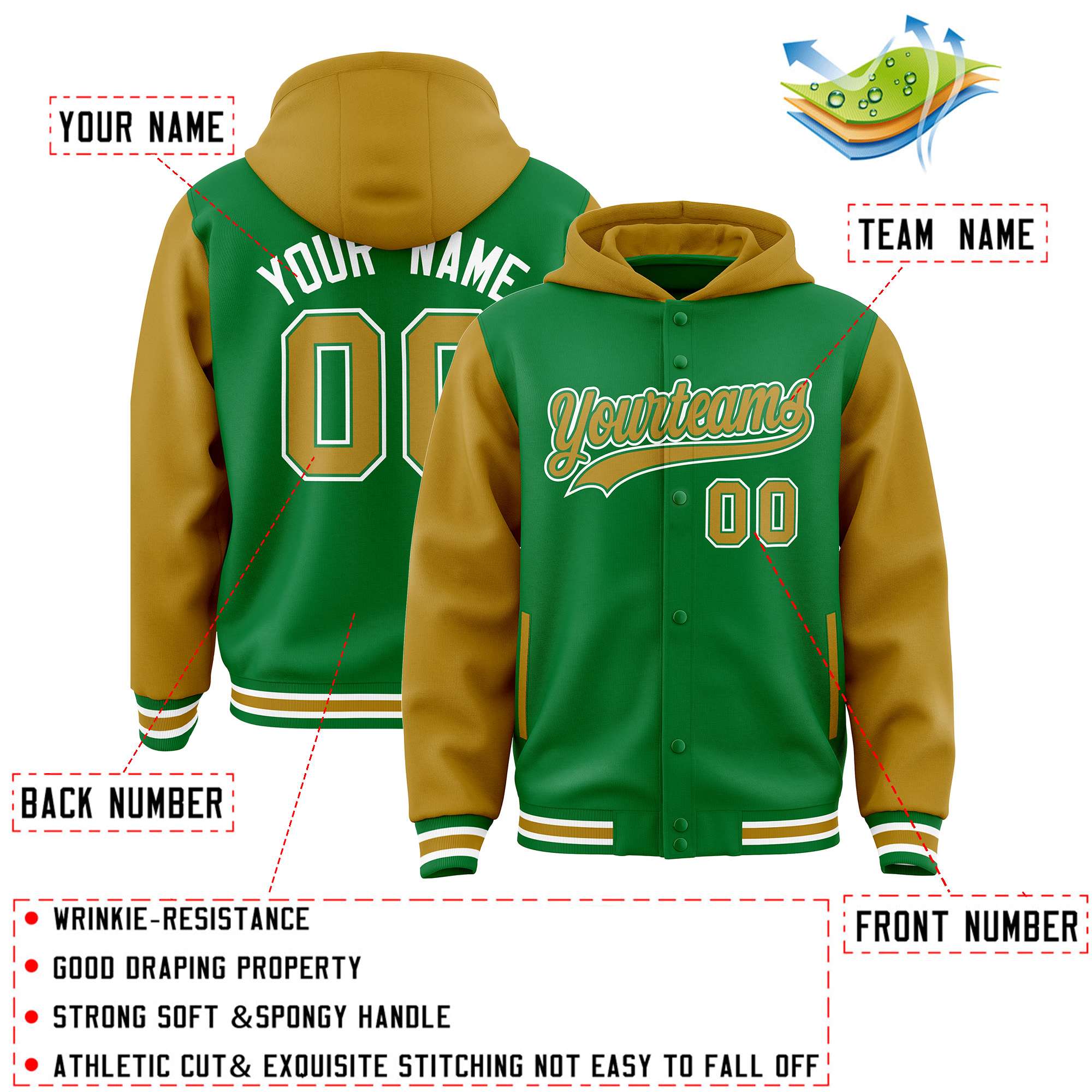 Custom Kelly Green Old Gold Raglan Sleeves Varsity Full-Snap Letterman Two Tone Hoodie Jacket