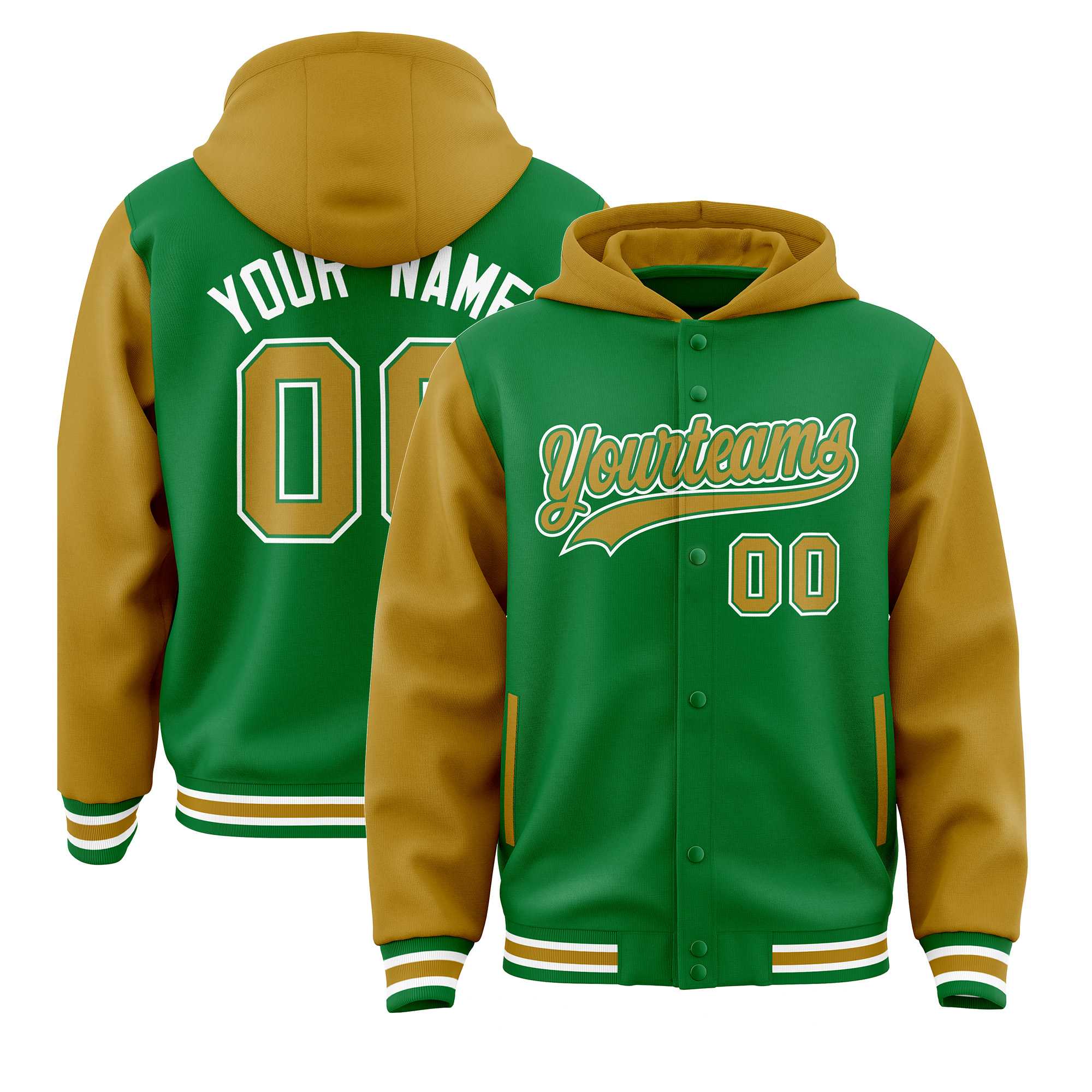 Custom Kelly Green Old Gold Raglan Sleeves Varsity Full-Snap Letterman Two Tone Hoodie Jacket