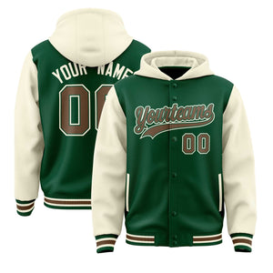 Custom Green Cream Raglan Sleeves Varsity Full-Snap Letterman Two Tone Hoodie Jacket