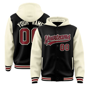 Custom Black Cream Raglan Sleeves Varsity Full-Snap Letterman Two Tone Hoodie Jacket