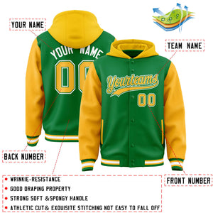 Custom Kelly Green Gold Raglan Sleeves Varsity Full-Snap Letterman Two Tone Hoodie Jacket