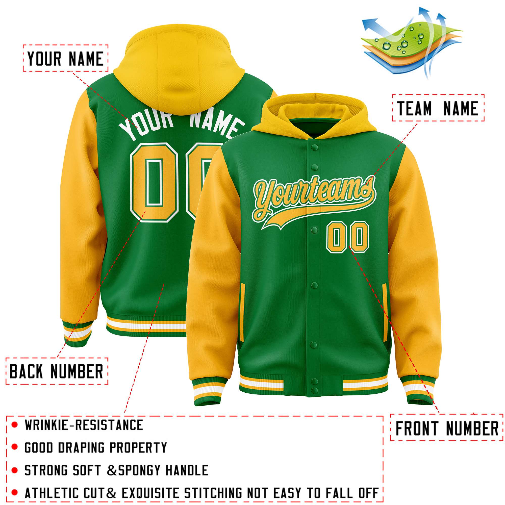 Custom Kelly Green Gold Raglan Sleeves Varsity Full-Snap Letterman Two Tone Hoodie Jacket