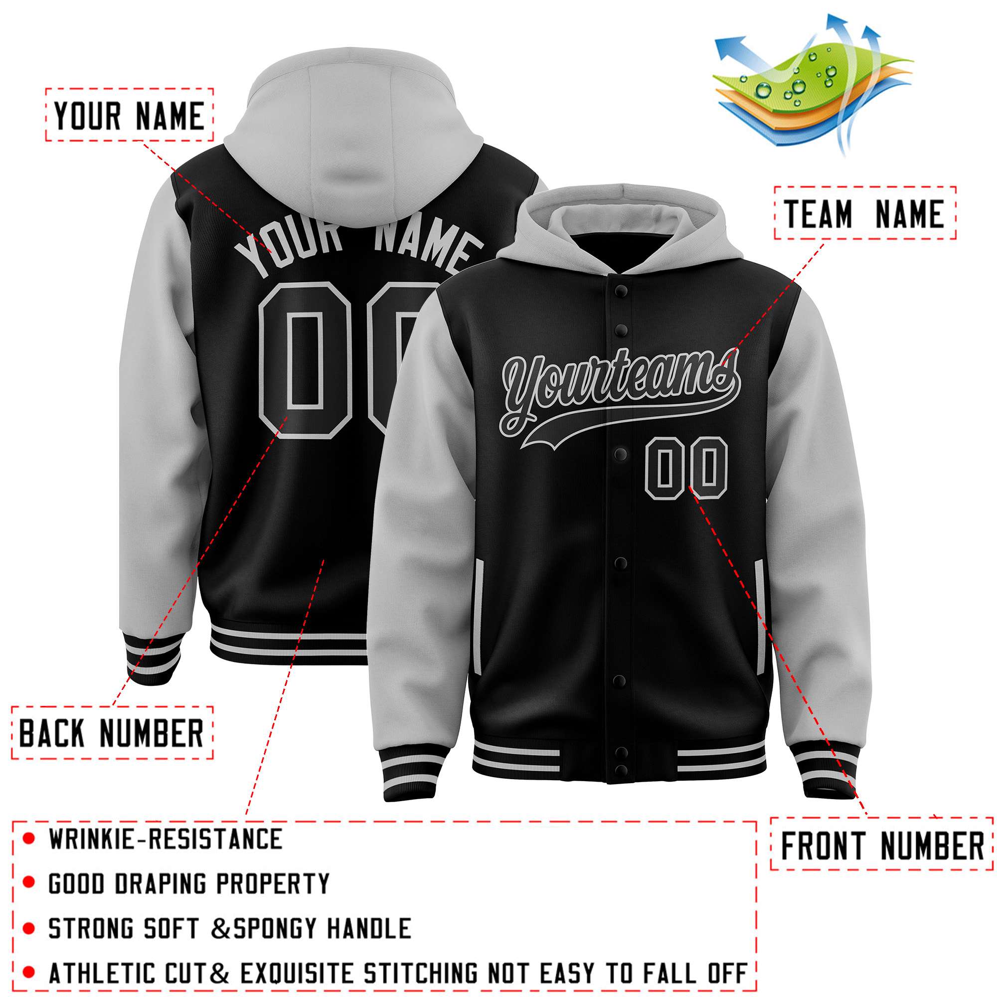 Custom Black Gray Raglan Sleeves Varsity Full-Snap Letterman Two Tone Hoodie Jacket