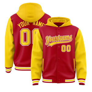 Custom Red Gold Raglan Sleeves Varsity Full-Snap Letterman Two Tone Hoodie Jacket