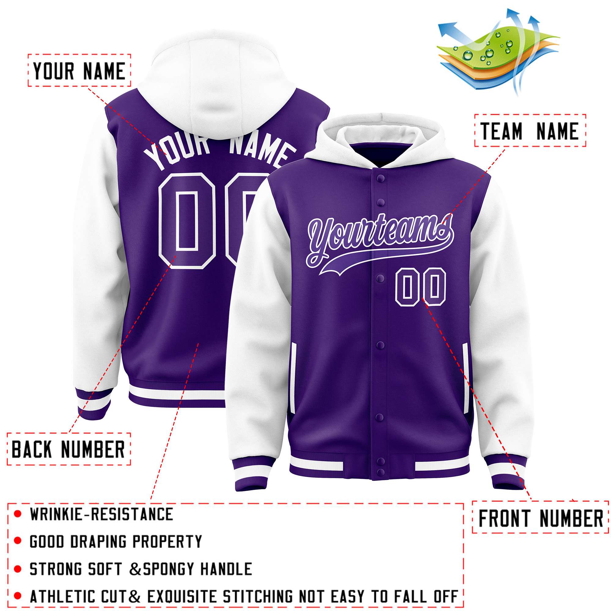 Custom Purple White Raglan Sleeves Varsity Full-Snap Letterman Two Tone Hoodie Jacket