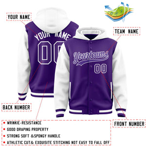 Custom Purple White Raglan Sleeves Varsity Full-Snap Letterman Two Tone Hoodie Jacket