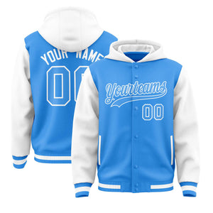 Custom Powder Blue White Raglan Sleeves Varsity Full-Snap Letterman Two Tone Hoodie Jacket