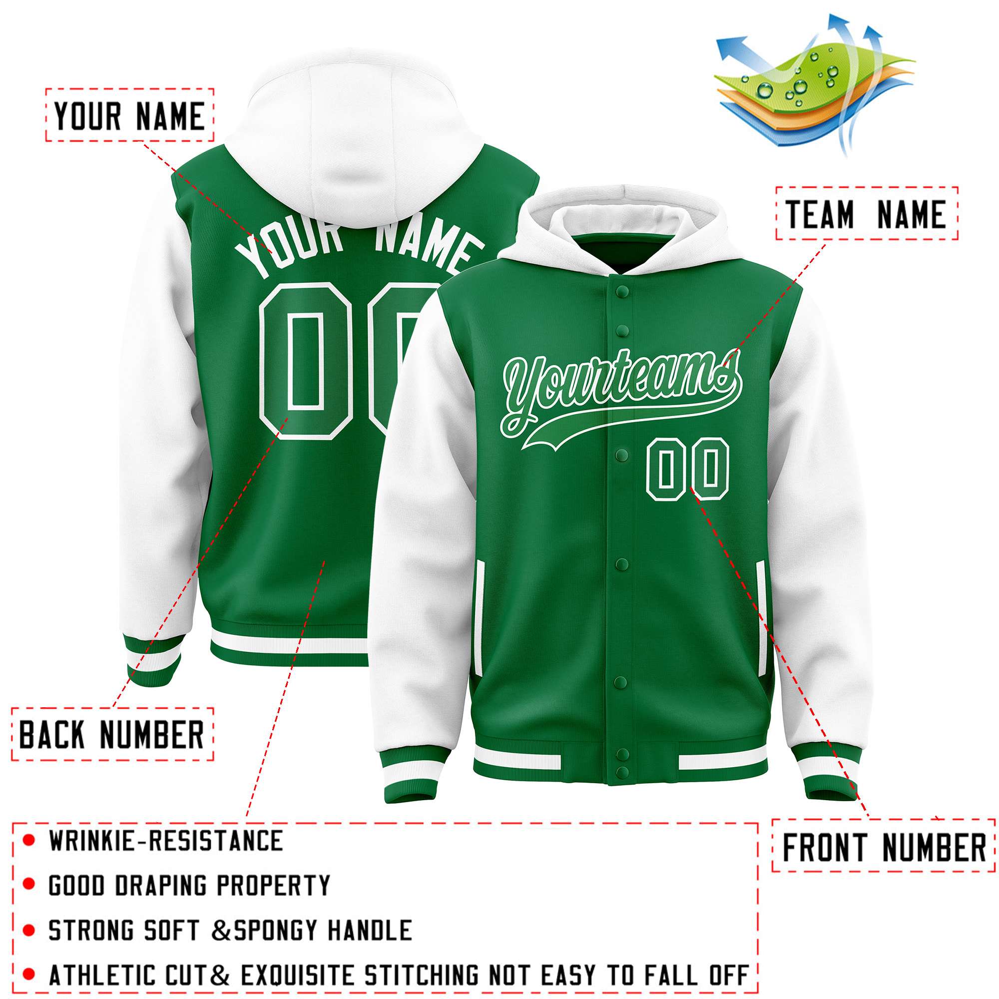 Custom Kelly Green White Raglan Sleeves Varsity Full-Snap Letterman Two Tone Hoodie Jacket