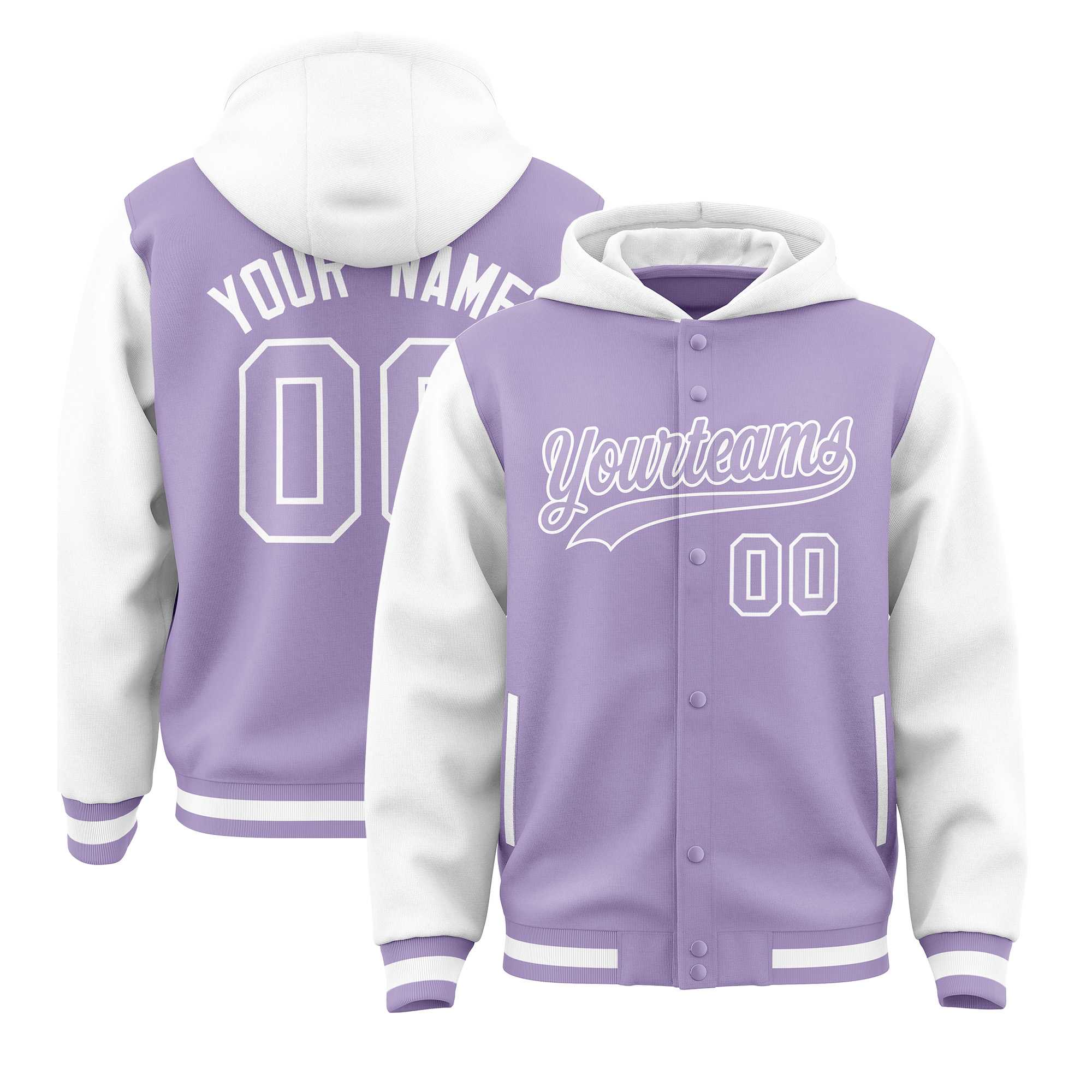 Custom Light Purple White Raglan Sleeves Varsity Full-Snap Letterman Two Tone Hoodie Jacket