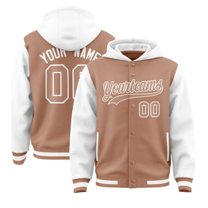 Custom Teabrown White Raglan Sleeves Varsity Full-Snap Letterman Two Tone Hoodie Jacket