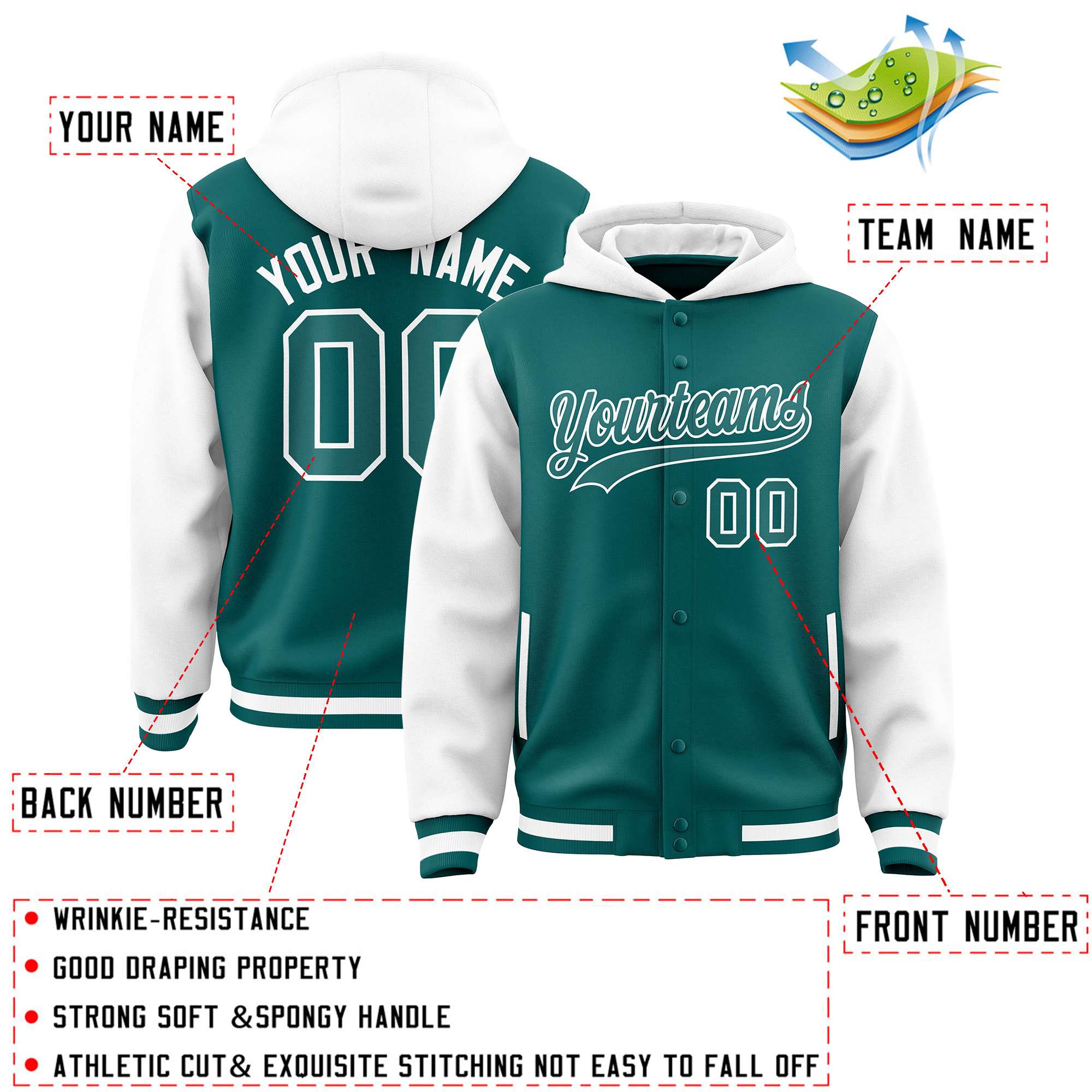 Custom Aqua White Raglan Sleeves Varsity Full-Snap Letterman Two Tone Hoodie Jacket