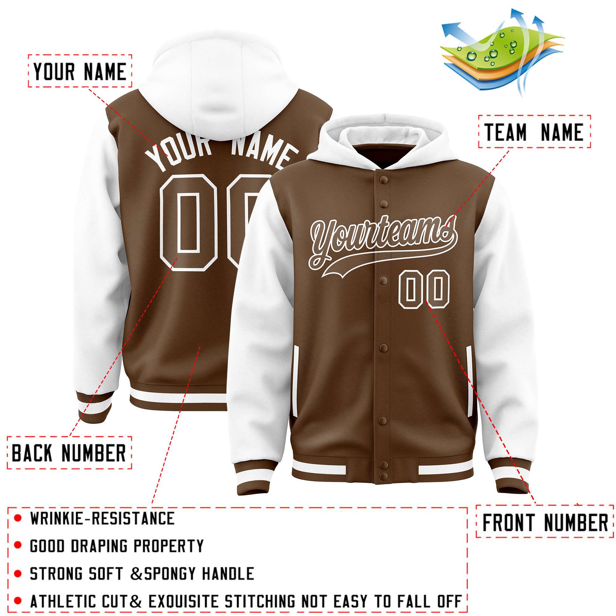 Custom Light Brown White Raglan Sleeves Varsity Full-Snap Letterman Two Tone Hoodie Jacket