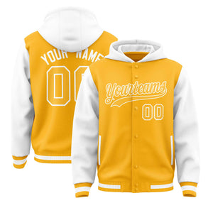 Custom Gold White Raglan Sleeves Varsity Full-Snap Letterman Two Tone Hoodie Jacket