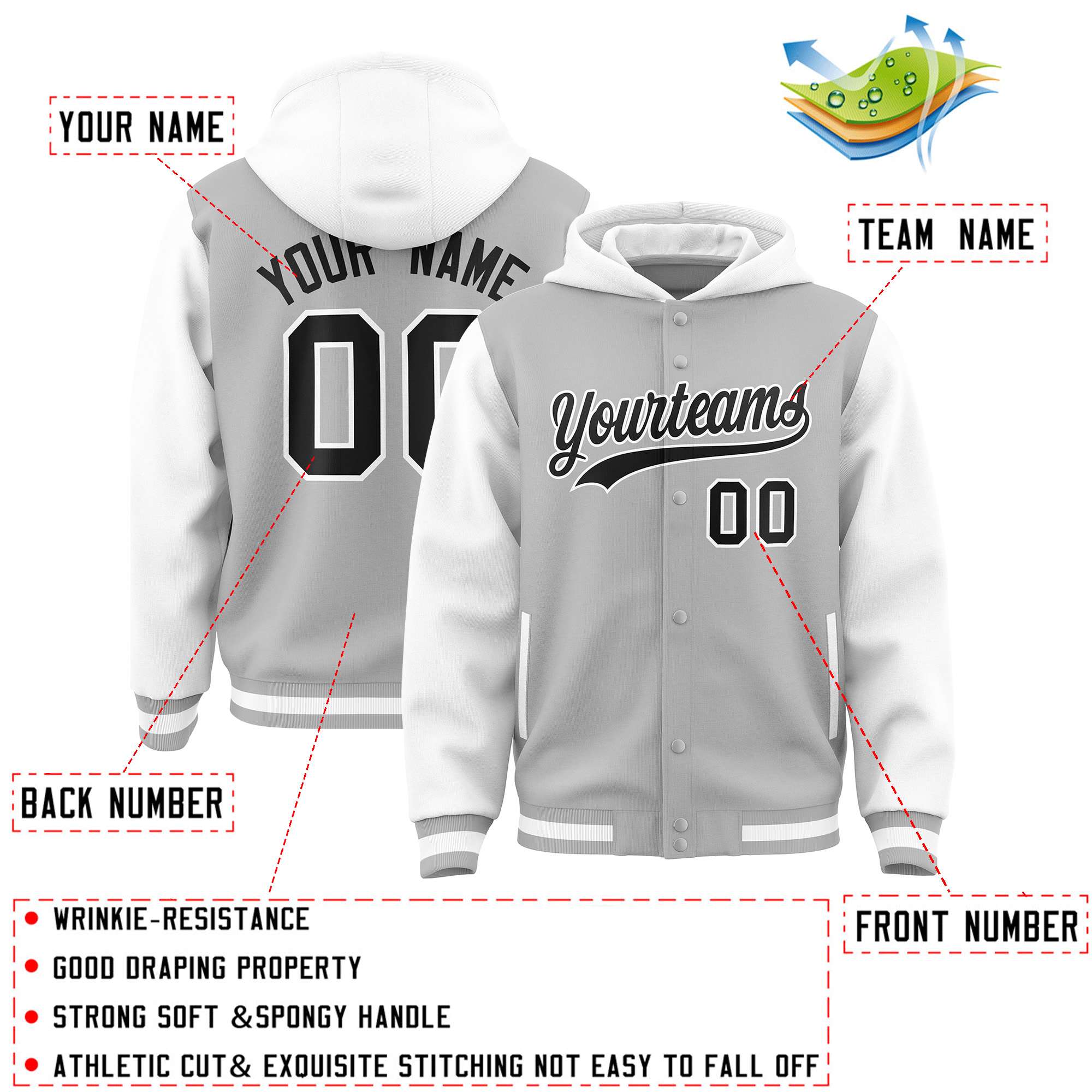 Custom Gray White Raglan Sleeves Varsity Full-Snap Letterman Two Tone Hoodie Jacket