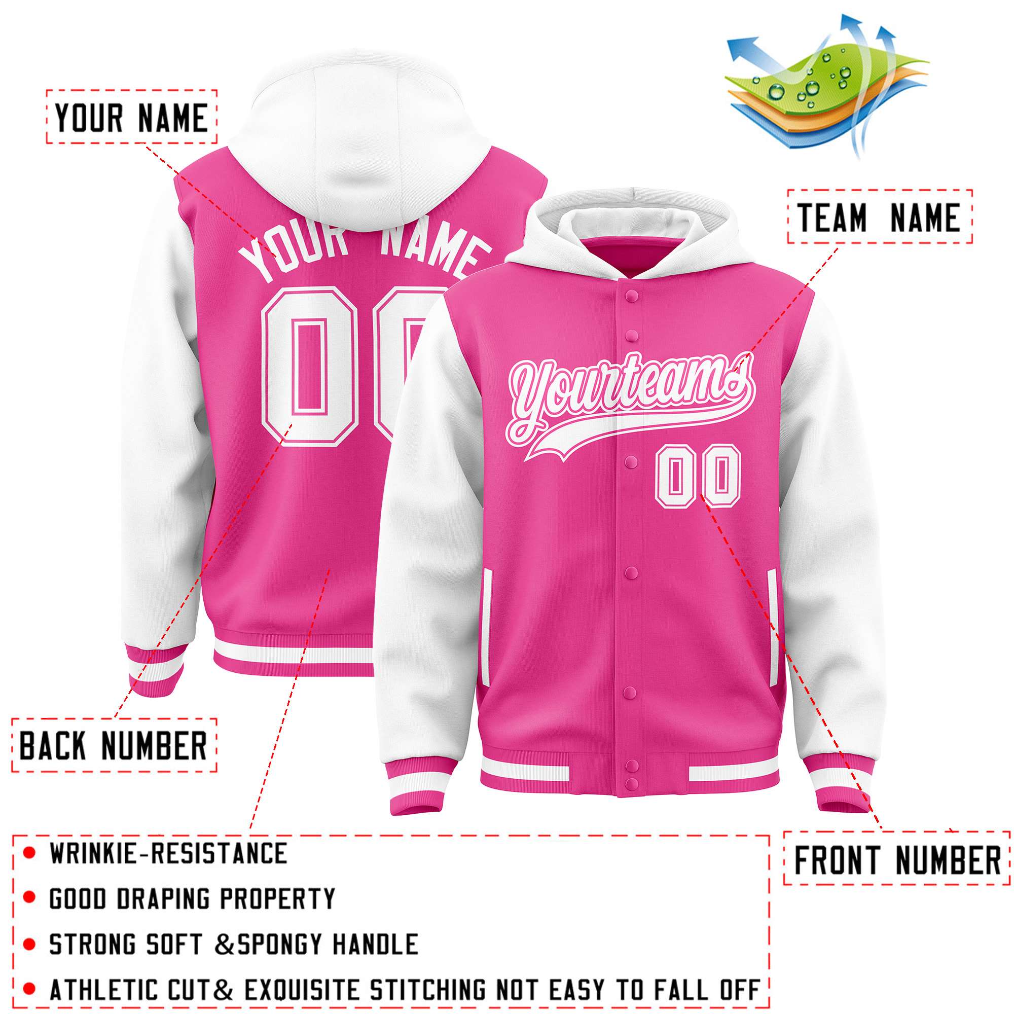 Custom Pink White Raglan Sleeves Varsity Full-Snap Letterman Two Tone Hoodie Jacket