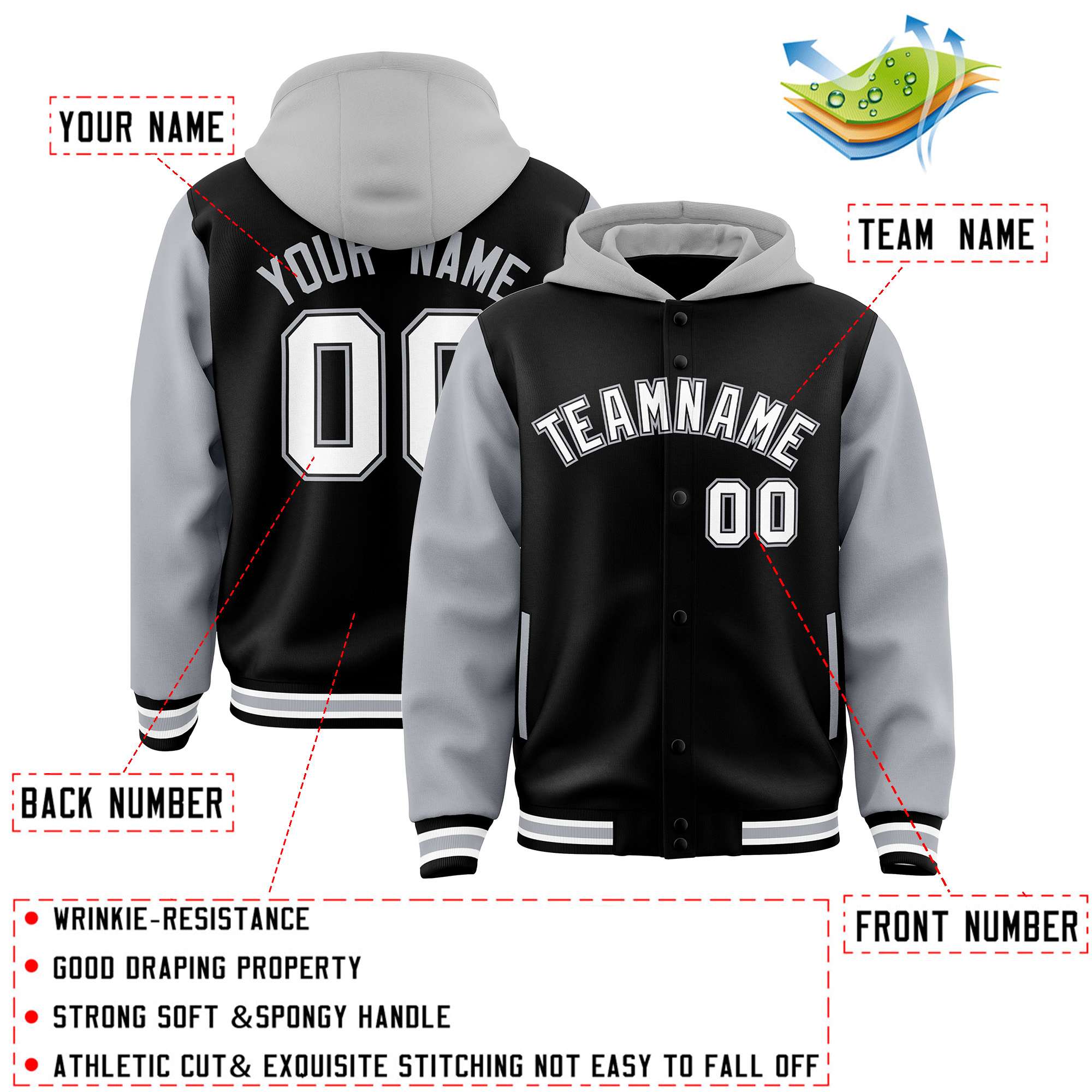 Custom Black Gray Raglan Sleeves Varsity Full-Snap Letterman Two Tone Hoodie Jacket