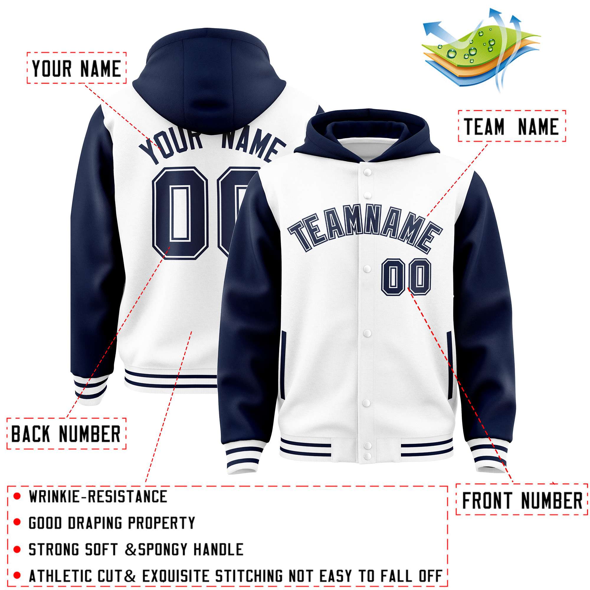 Custom White Navy Raglan Sleeves Varsity Full-Snap Letterman Two Tone Hoodie Jacket