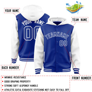 Custom Royal White Raglan Sleeves Varsity Full-Snap Letterman Two Tone Hoodie Jacket