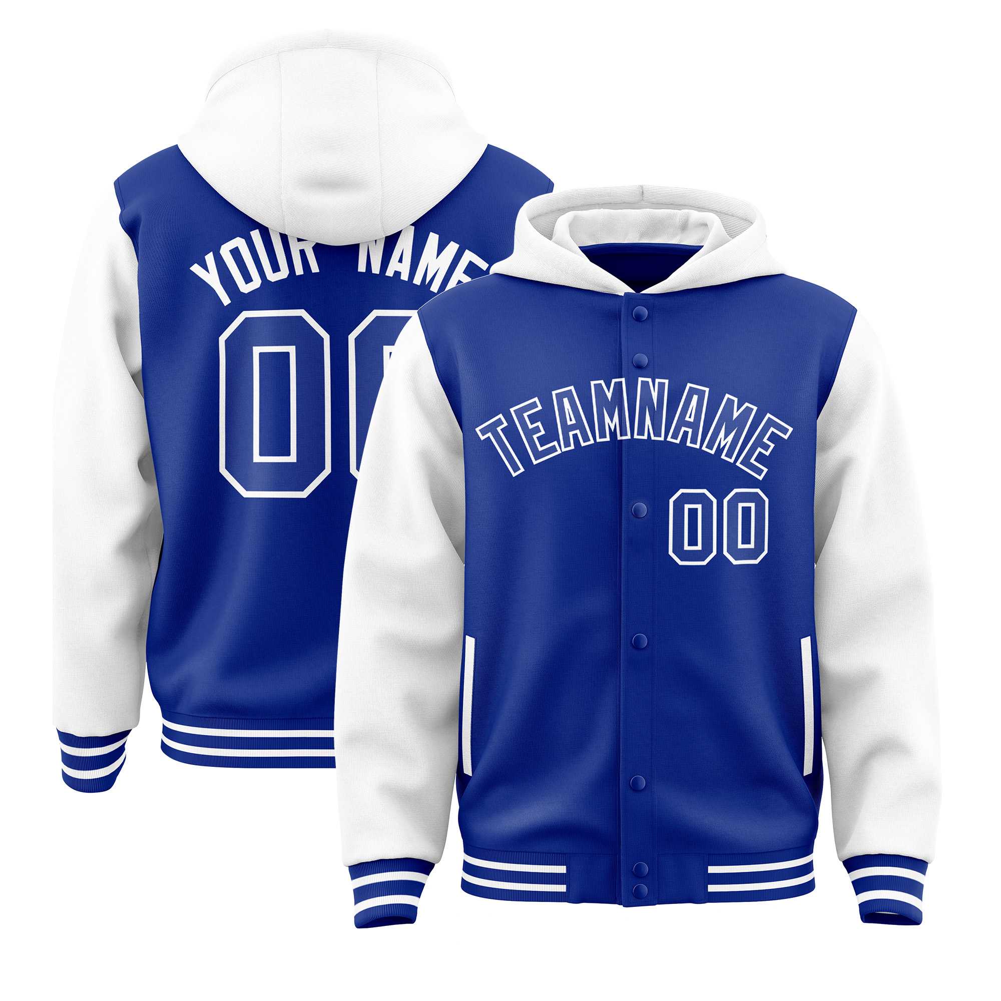 Custom Royal White Raglan Sleeves Varsity Full-Snap Letterman Two Tone Hoodie Jacket