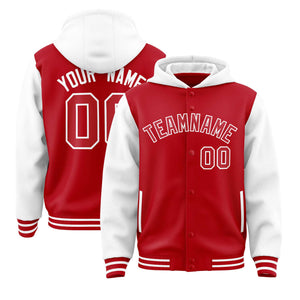 Custom Red White Raglan Sleeves Varsity Full-Snap Letterman Two Tone Hoodie Jacket