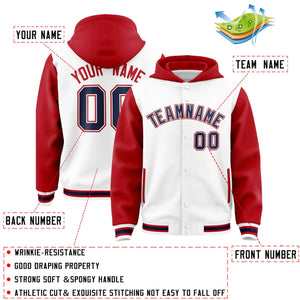 Custom White Red Raglan Sleeves Varsity Full-Snap Letterman Two Tone Hoodie Jacket