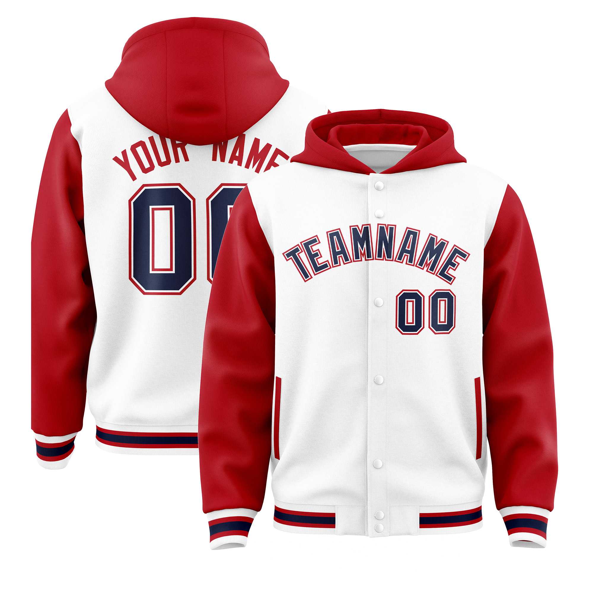 Custom White Red Raglan Sleeves Varsity Full-Snap Letterman Two Tone Hoodie Jacket