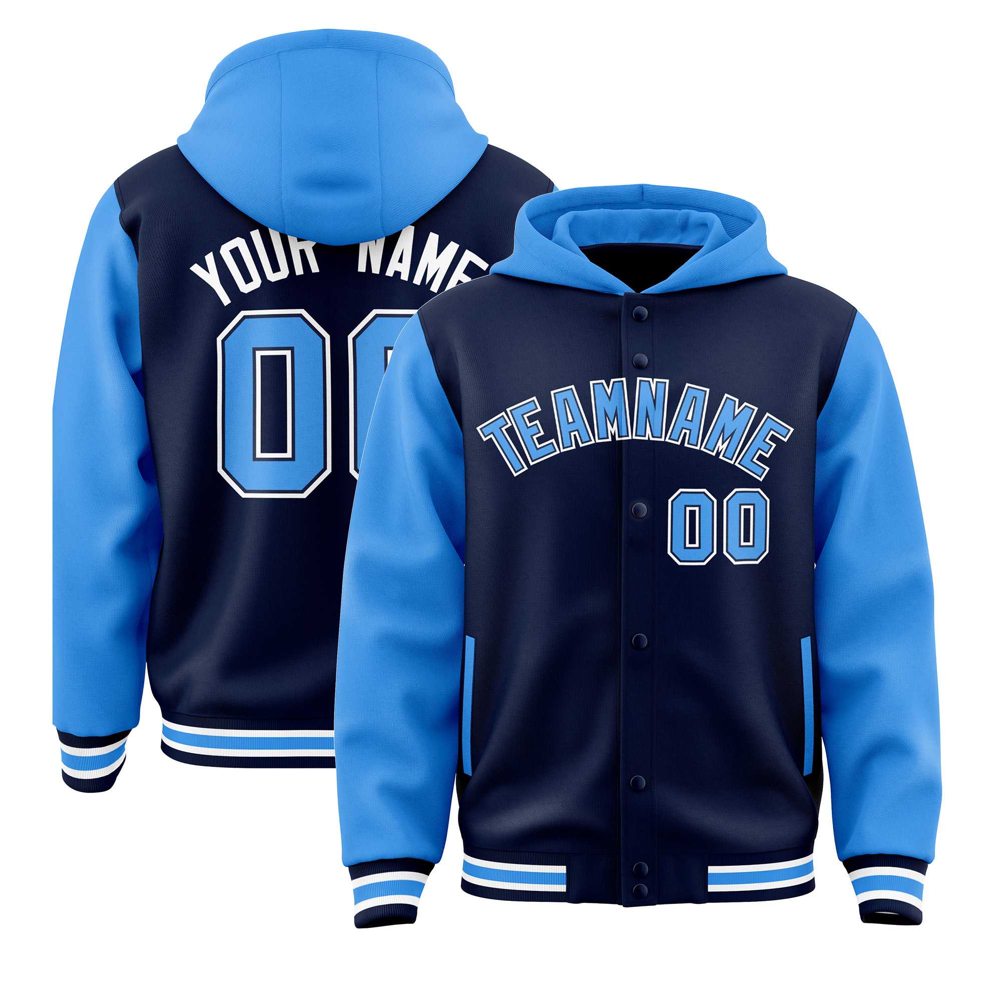 Custom Navy Powder Blue Raglan Sleeves Varsity Full-Snap Letterman Two Tone Hoodie Jacket