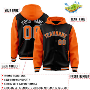 Custom Black Orange Raglan Sleeves Varsity Full-Snap Letterman Two Tone Hoodie Jacket