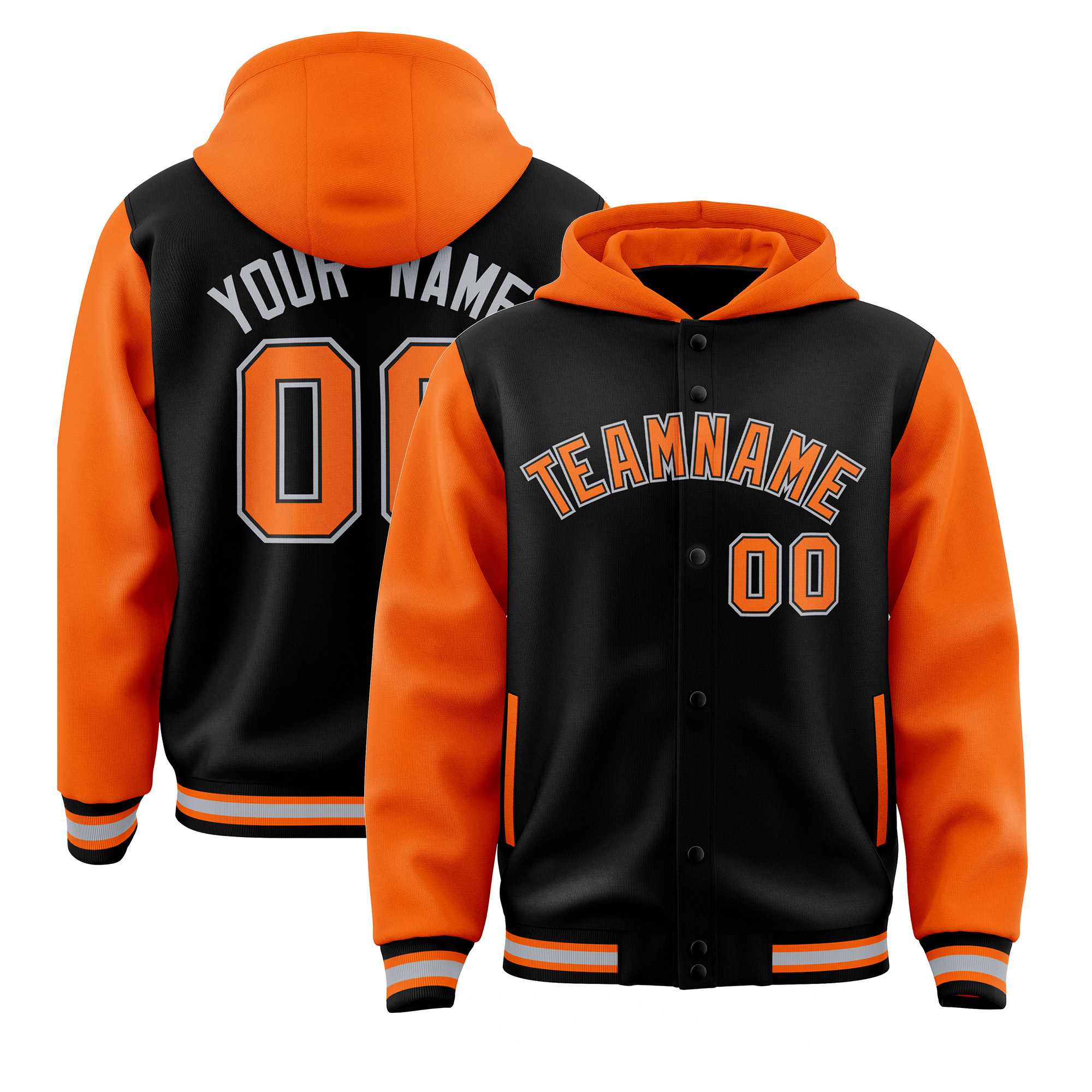 Custom Black Orange Raglan Sleeves Varsity Full-Snap Letterman Two Tone Hoodie Jacket