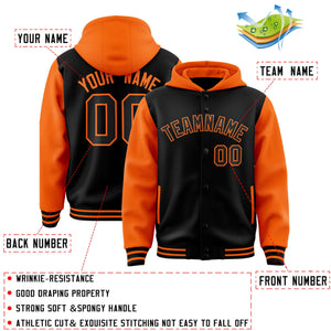 Custom Black Orange Raglan Sleeves Varsity Full-Snap Letterman Two Tone Hoodie Jacket